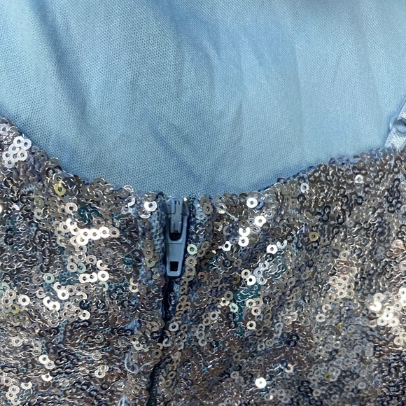 NWT Emerald Sundae Feather Trim Sequin Bodycon Dress in Ice Blue - Picture 3 of 6